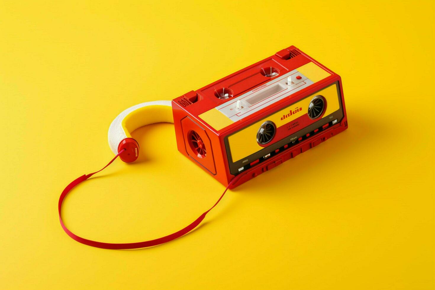 a yellow cassette player with a red headphone on photo