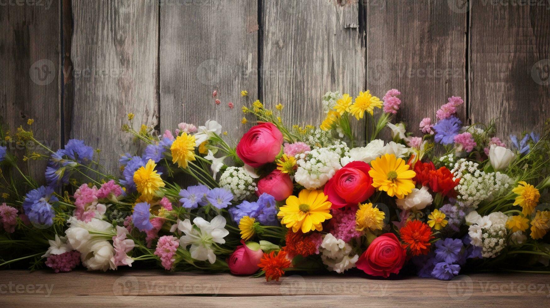 A colorful bouquet of wildflowers set against an old wooden barn door with large space for text, the rustic texture creating a charming backdrop for your text. AI generated. photo