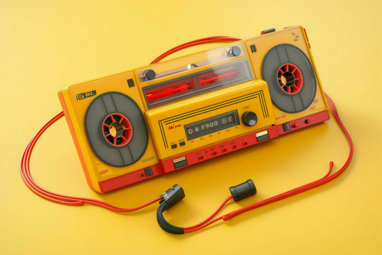 a yellow cassette player with a red headphone on photo