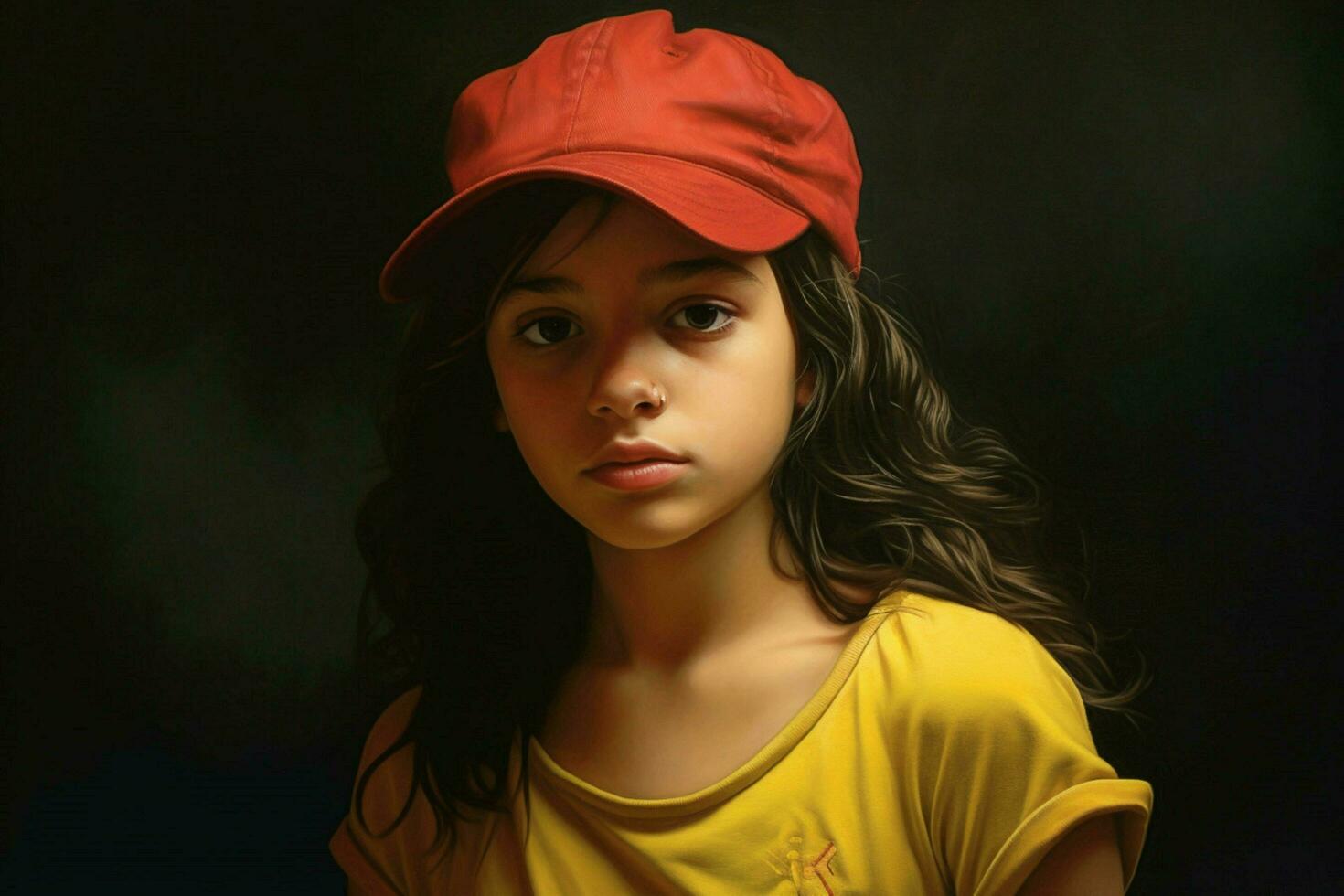 a young girl with a colorful hat and a red and ye photo