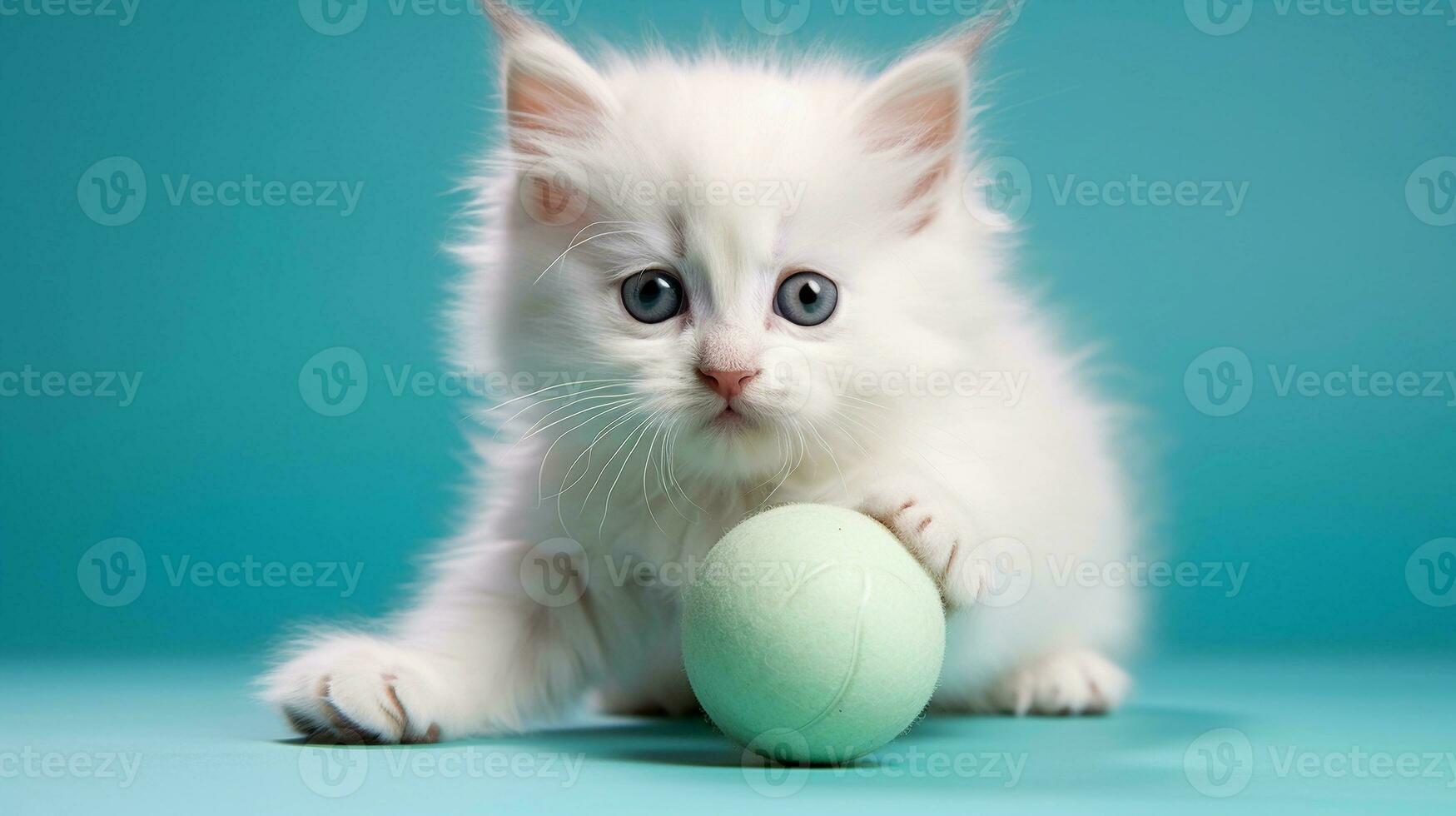 A fluffy white kitten with striking blue eyes, playfully batting at a soft pastel ball, set against a gentle mint green background, providing room for text. AI generated. photo