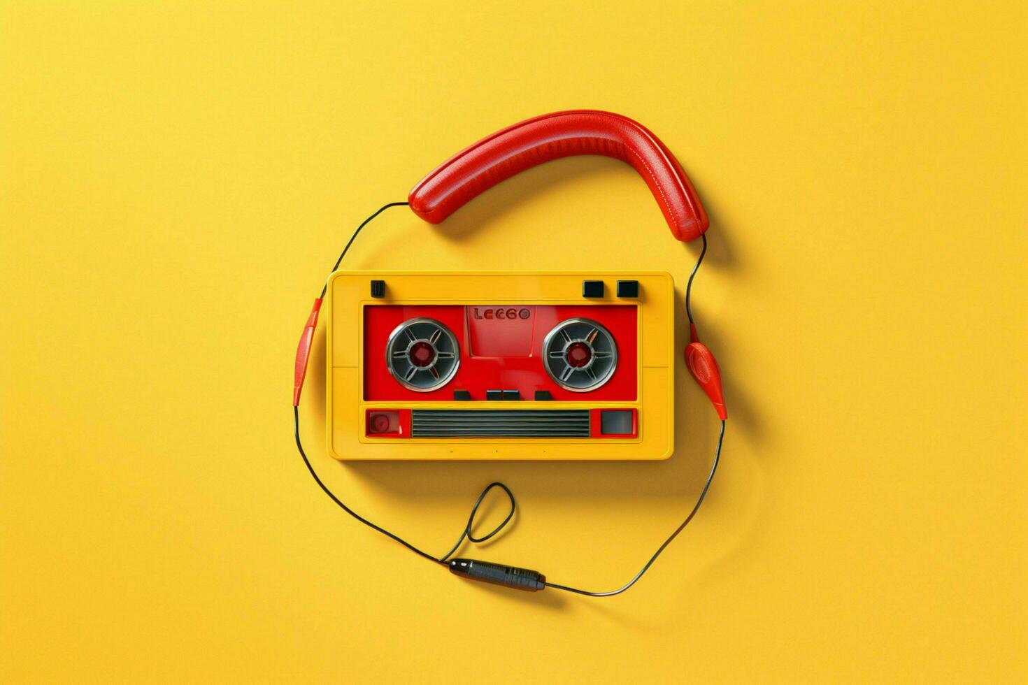 un amarillo casete jugador con un rojo auricular en foto