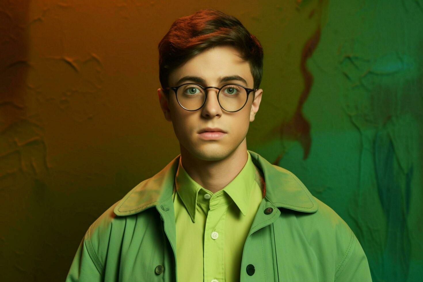 a young man wearing glasses for men with a green photo
