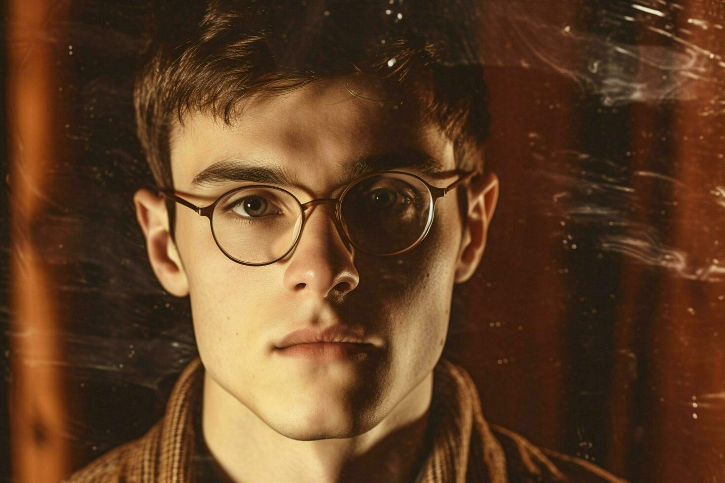 a young man wearing glasses with the word glasses photo