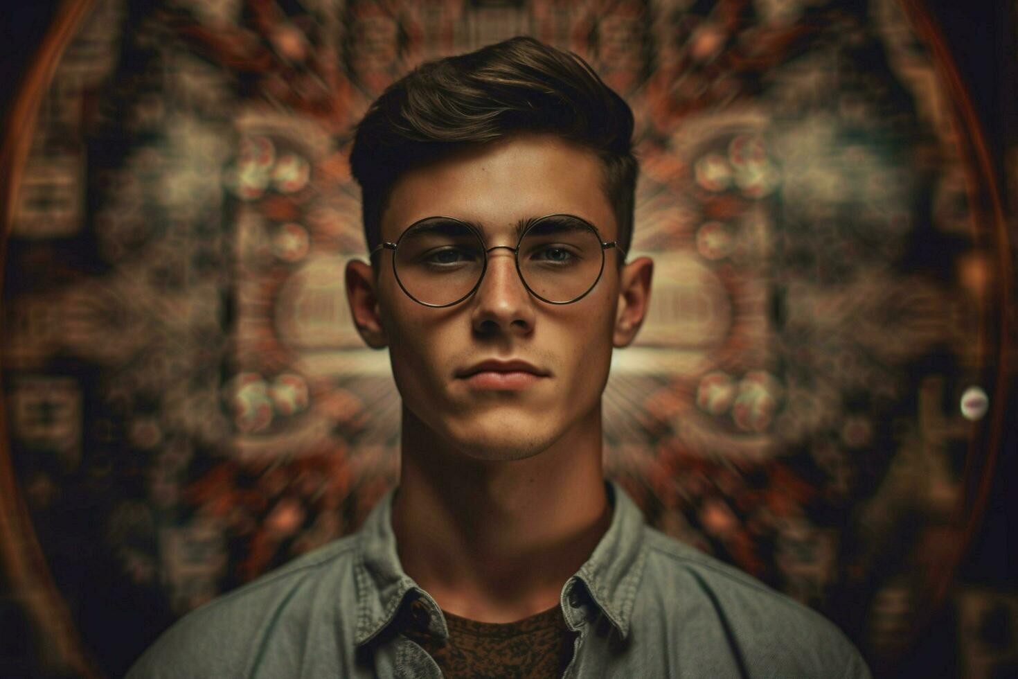 a young man wearing glasses with the word glasses photo
