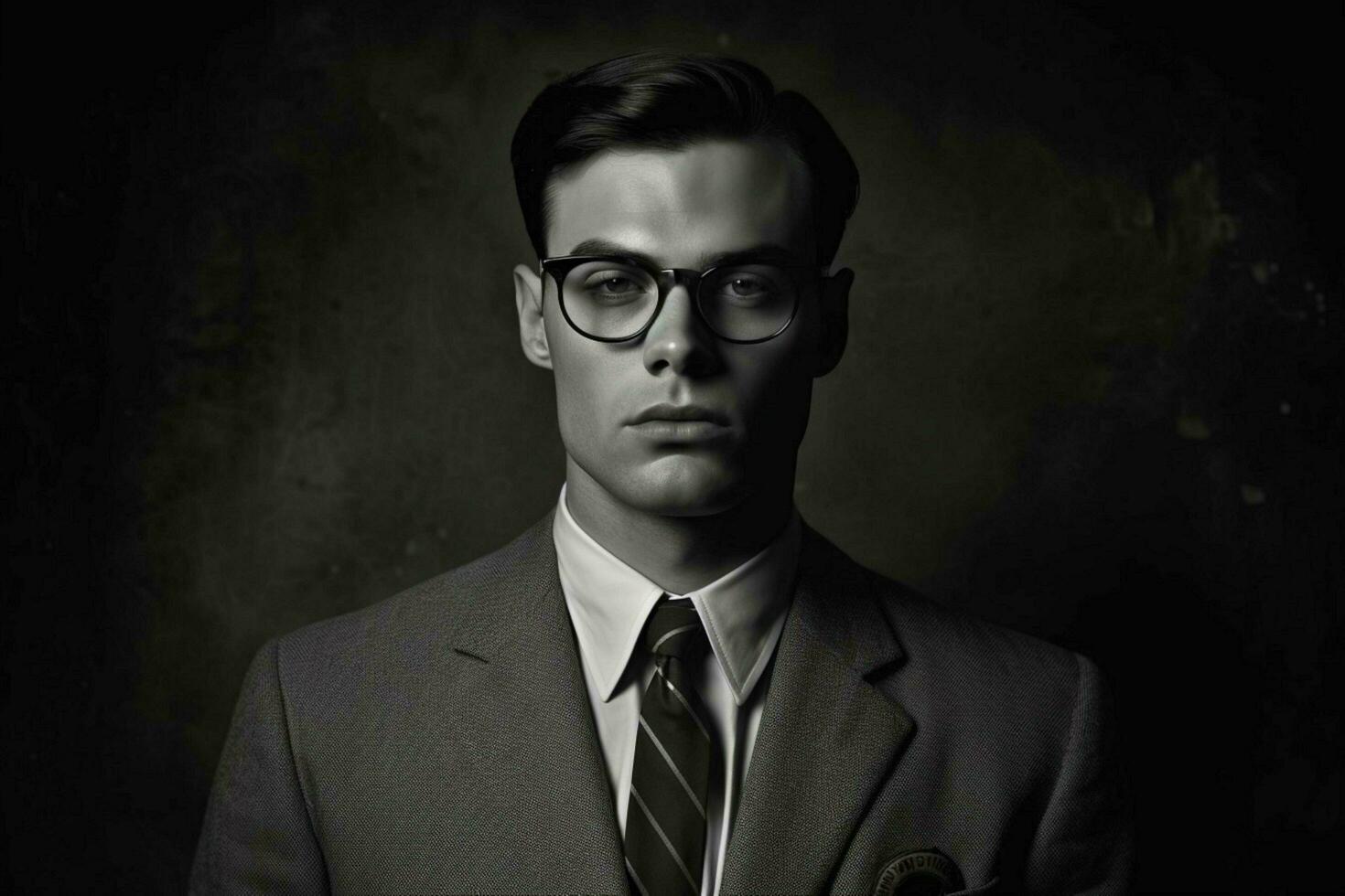a young man wearing glasses with a grey suit and photo