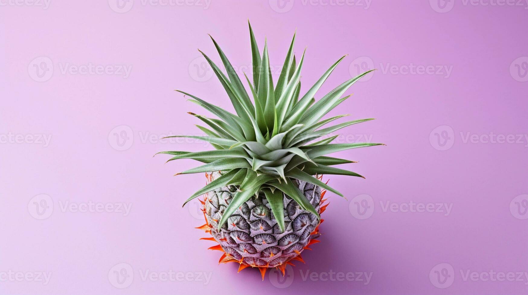 A composition of a sliced pineapple and its leaves on a light lavender background, creating an aesthetically pleasing arrangement with room for adding text. AI generated. photo