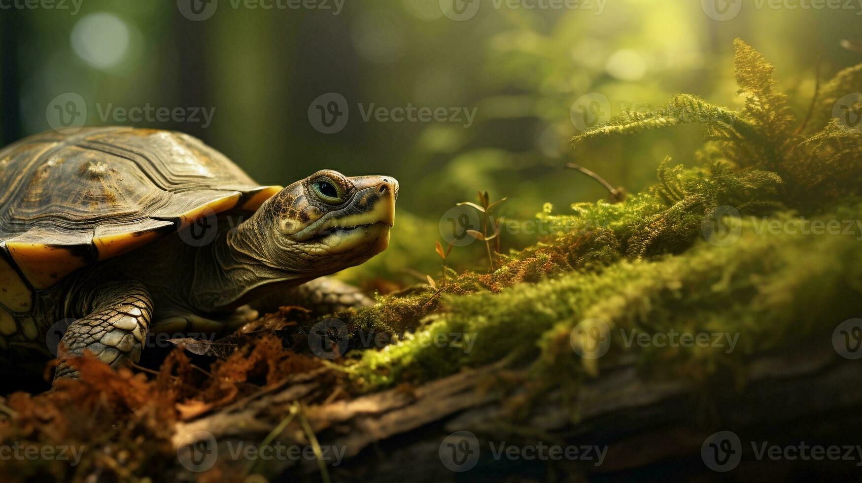 A curious turtle exploring a pile of fallen branches, set against a textured forest floor, with dappled sunlight filtering through the trees. AI generated. photo