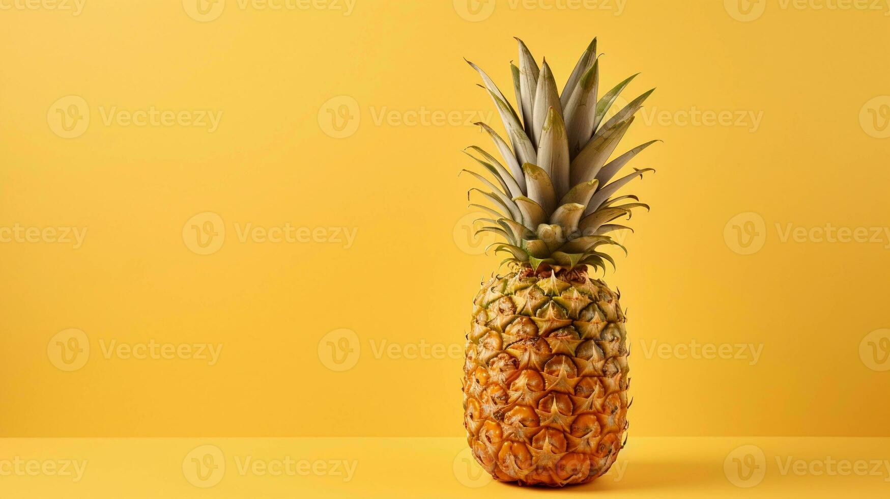 A pineapple with a golden hue placed on a soft yellow background, evoking warmth and sweetness, with an empty space perfectly suited for text. AI generated. photo