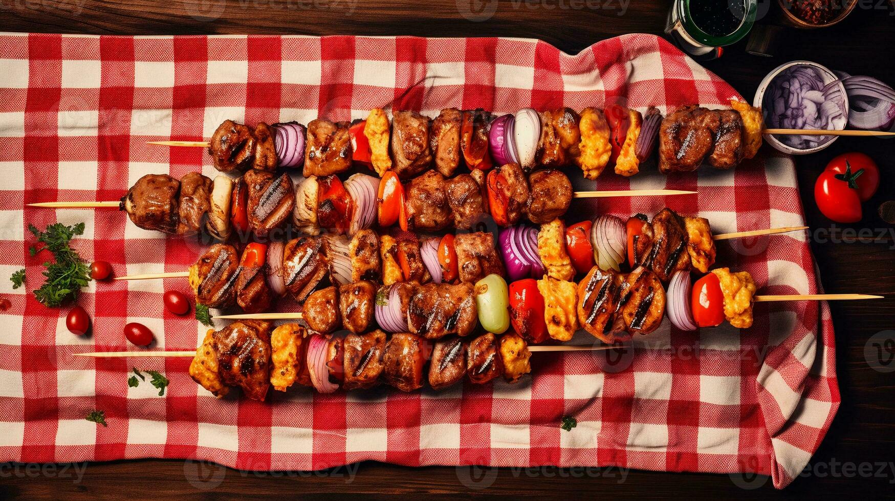 A delectable assortment of kebabs on a skewer, presented on a retro picnic blanket, against a faded patterned backdrop, offering a picnic-inspired atmosphere for adding text. AI generated. photo
