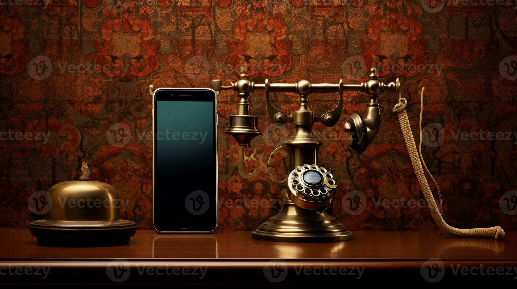 A composition of an intricately designed vintage telephone with brass accents and a modern touchscreen smartphone, set against a patterned wallpaper. AI generated. photo