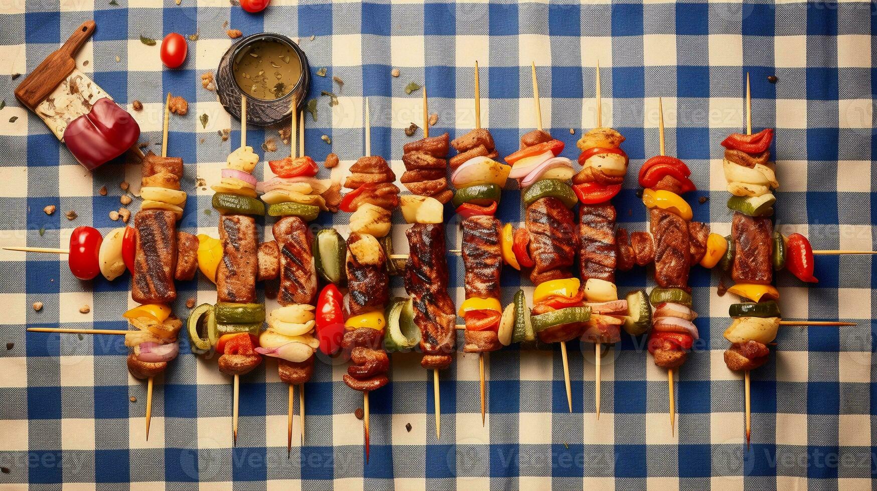 A delectable assortment of kebabs on a skewer, presented on a retro picnic blanket, against a faded patterned backdrop, offering a picnic-inspired atmosphere for adding text. AI generated. photo