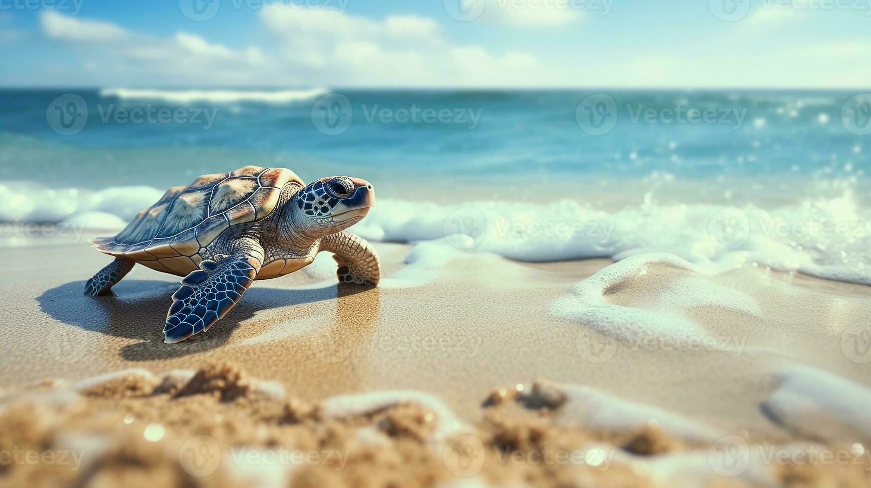 A sweet little turtle making its way along a sandy beach, with gentle ocean waves in the background, leaving space for text to capture the essence of the scene. AI generated. photo