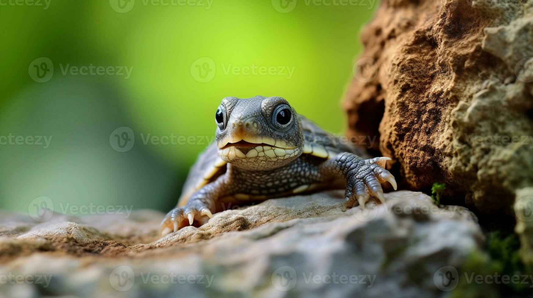 un adorable de cerca de un bebé Tortuga echar un vistazo fuera desde sus caparazón, posicionado en un texturizado rock superficie, dejando espacio para tu personalizado texto. ai generado. foto