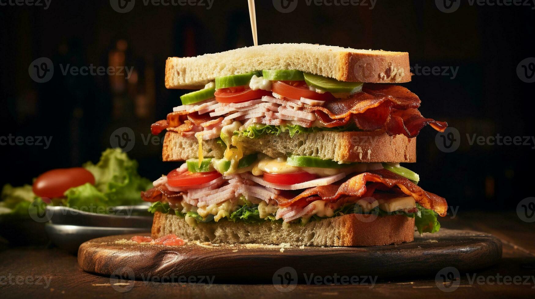 A mouthwatering triple-decker club sandwich with layers of turkey, bacon, lettuce, and tomato on a rustic wooden cutting board, placed against a weathered brick wall. AI generated. photo