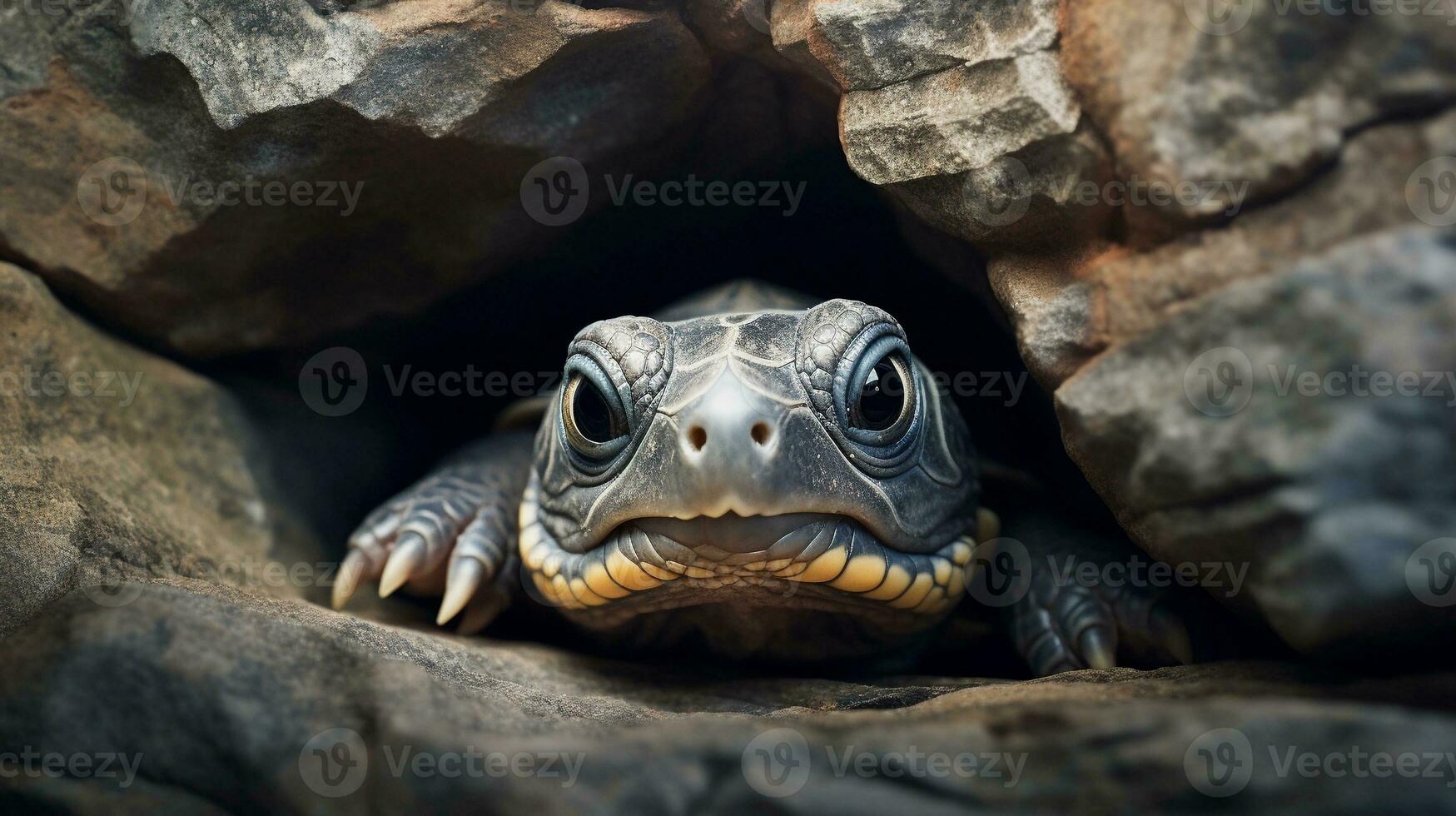 An adorable close-up of a baby turtle peeking out from its shell, positioned on a textured rock surface, leaving space for your custom text. AI generated. photo