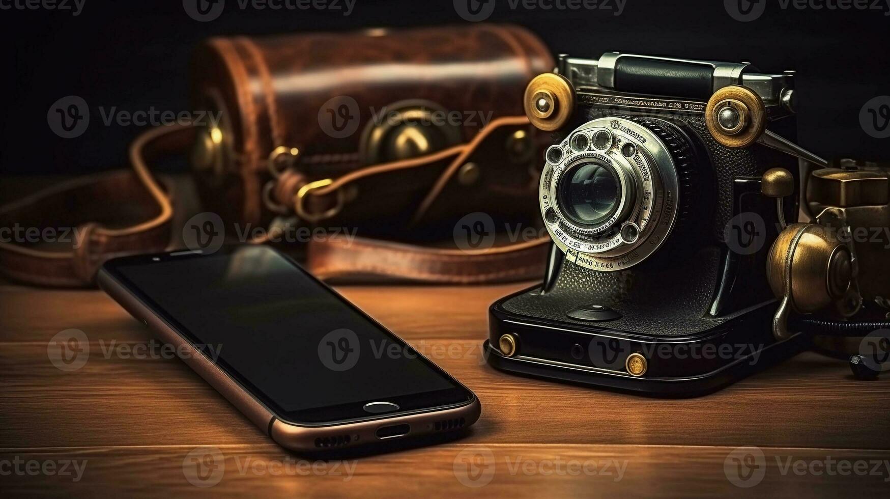 Old fashioned telephone and modern smartphone side by side, AI generated. photo