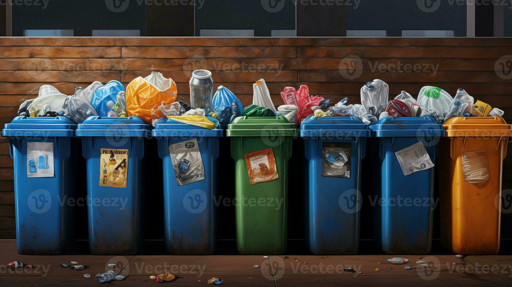 A depiction of overflowing recycling bins with mixed plastic materials, highlighting the challenges and complexities of plastic recycling systems. AI generated. photo