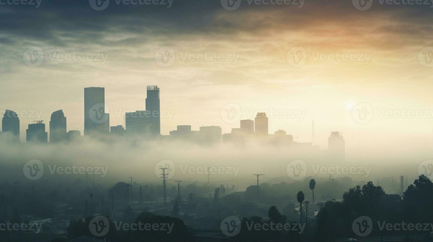 A photograph capturing a city skyline obscured by smog, illustrating the detrimental impact of air pollution on public health and the atmosphere. AI generated. photo