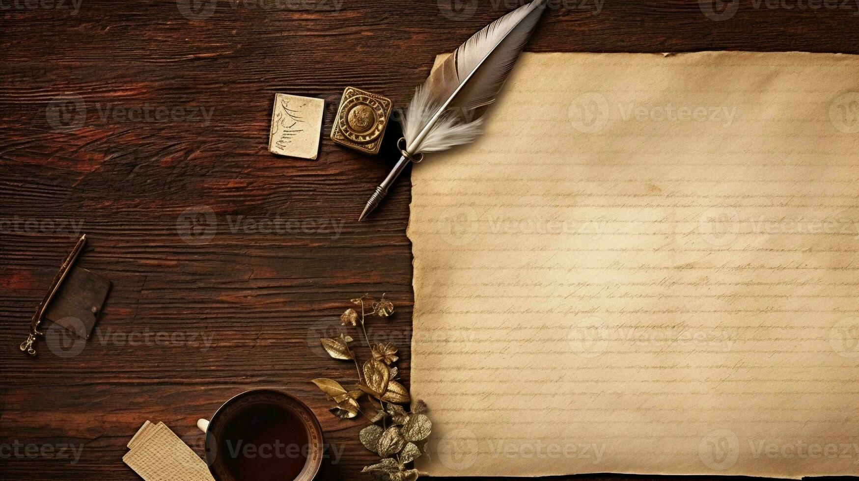 A collection of antique-style stationery items with space for text, including quill pens and parchment, placed on a textured wooden table. AI generated photo