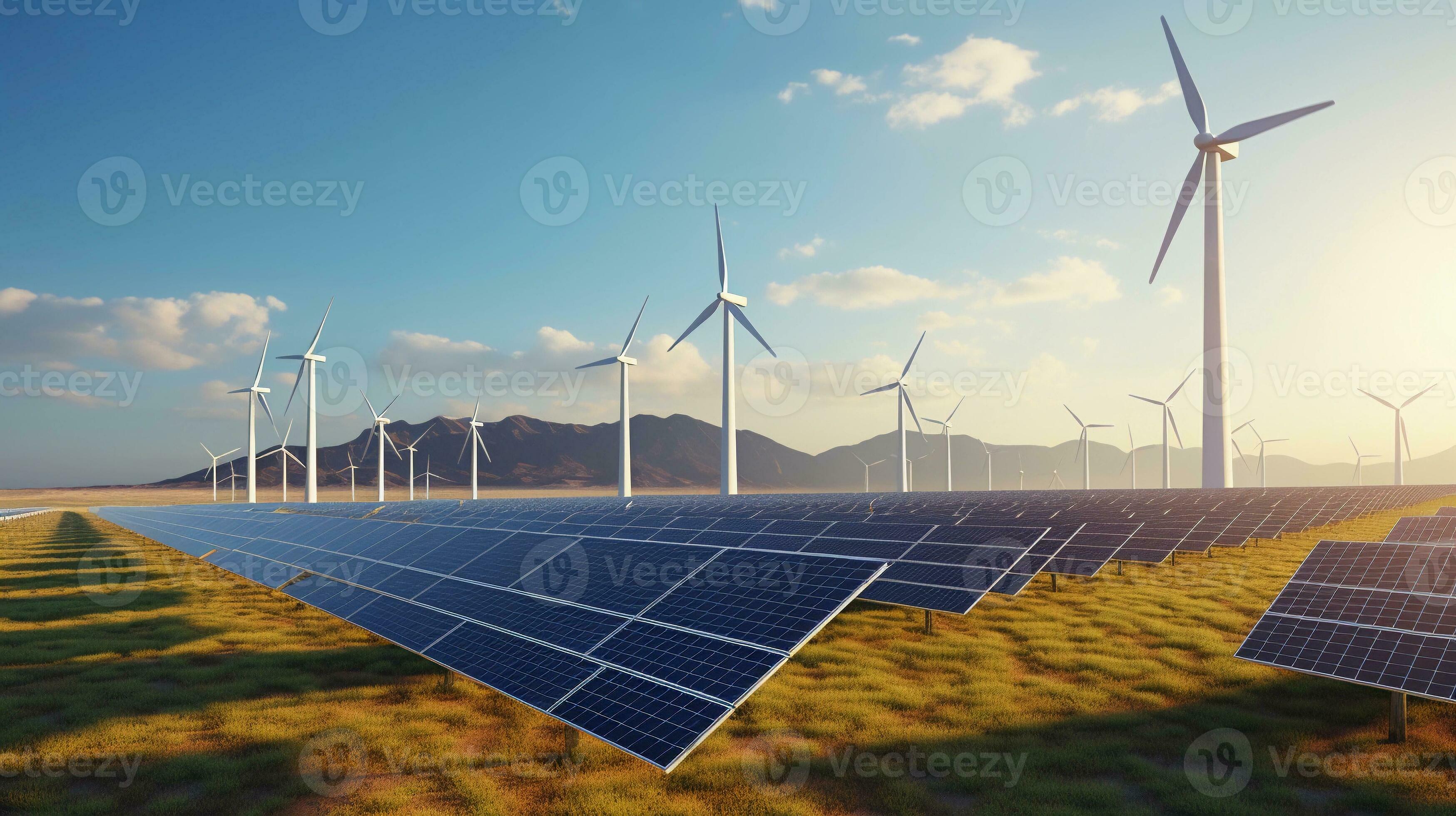un visual representación de un solar granja o viento turbinas en contra ...