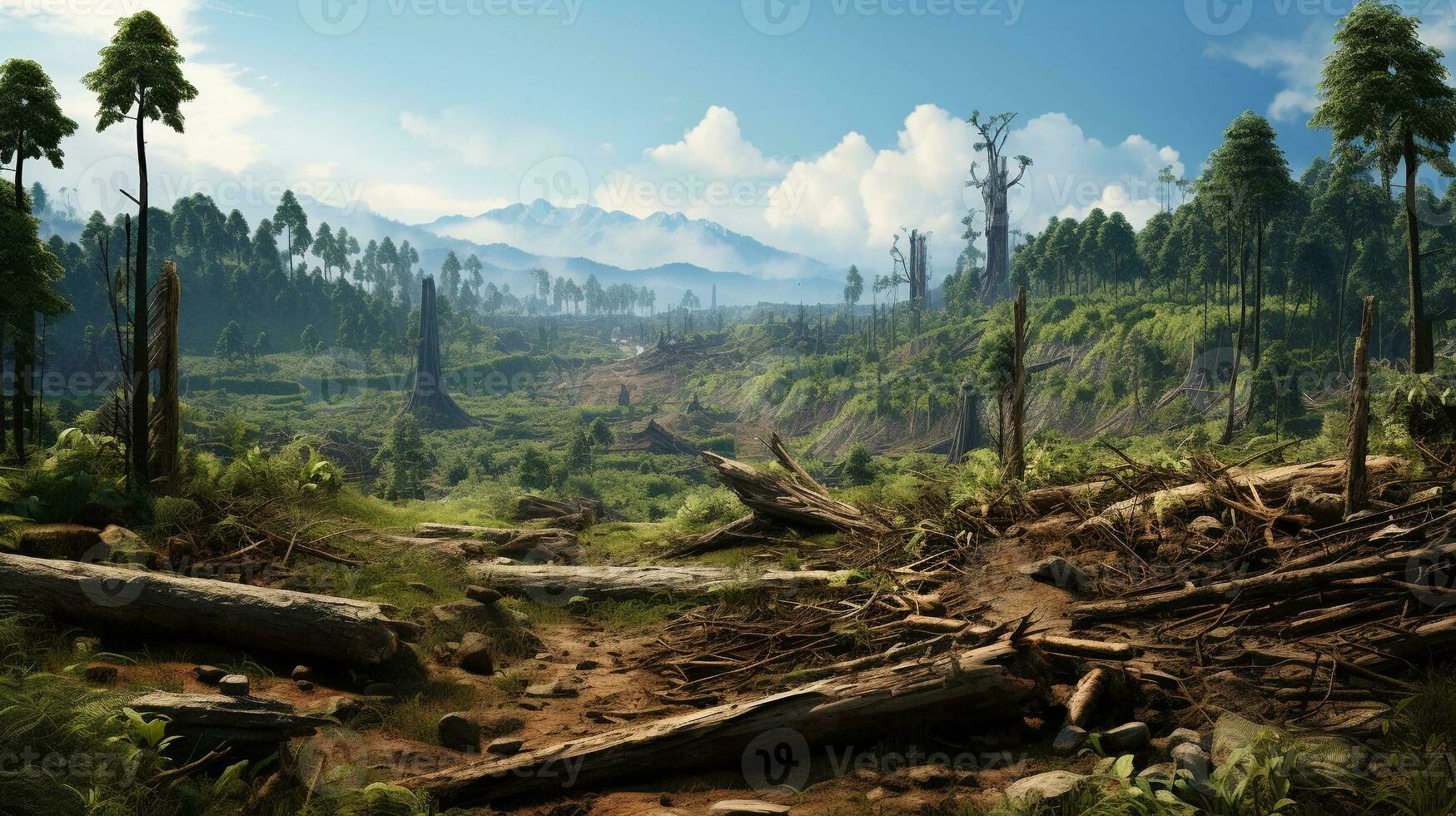 A visual portrayal of a lush forest juxtaposed with a cleared area due to deforestation, underlining the importance of preserving forests for biodiversity and climate regulation. AI generated. photo