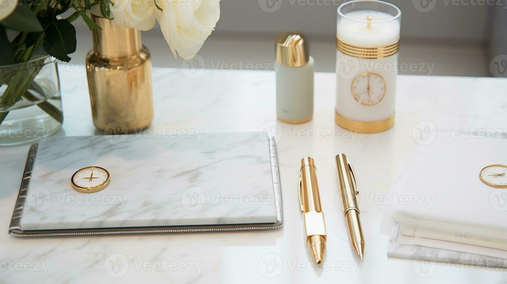 An organized workspace featuring stylish stationery items such as gold-accented pens and a planner with space for text, set against a subtly patterned marble background. AI generated. photo