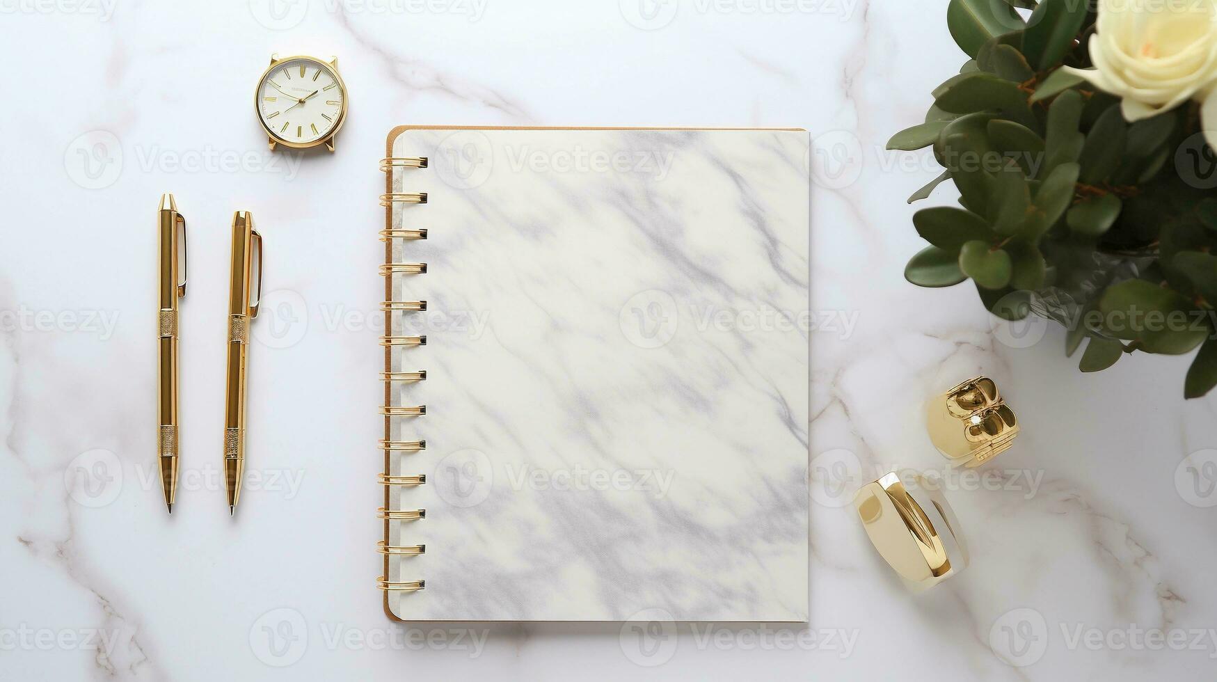 An organized workspace featuring stylish stationery items such as gold-accented pens and a planner with space for text, set against a subtly patterned marble background. AI generated. photo