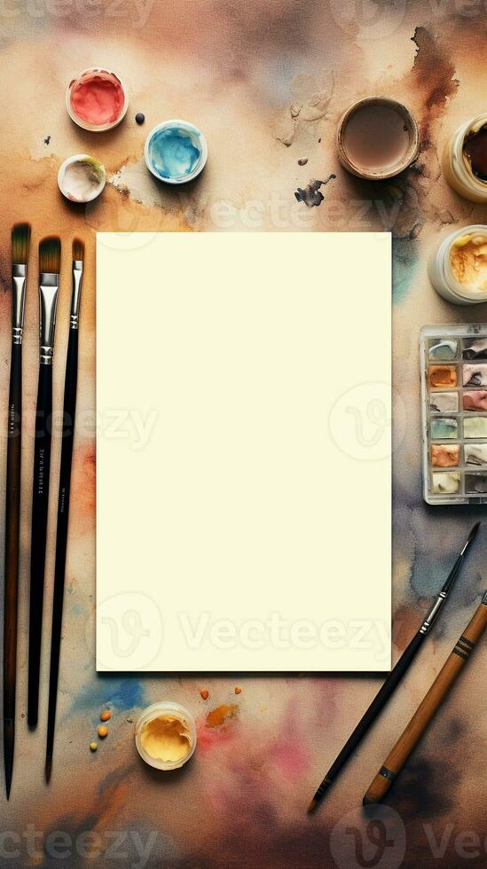 An artistic composition of stationery tools like watercolor brushes, paint tubes, and a sketchbook with space for text, positioned on a canvas-textured surface. Vertical, AI generated. photo