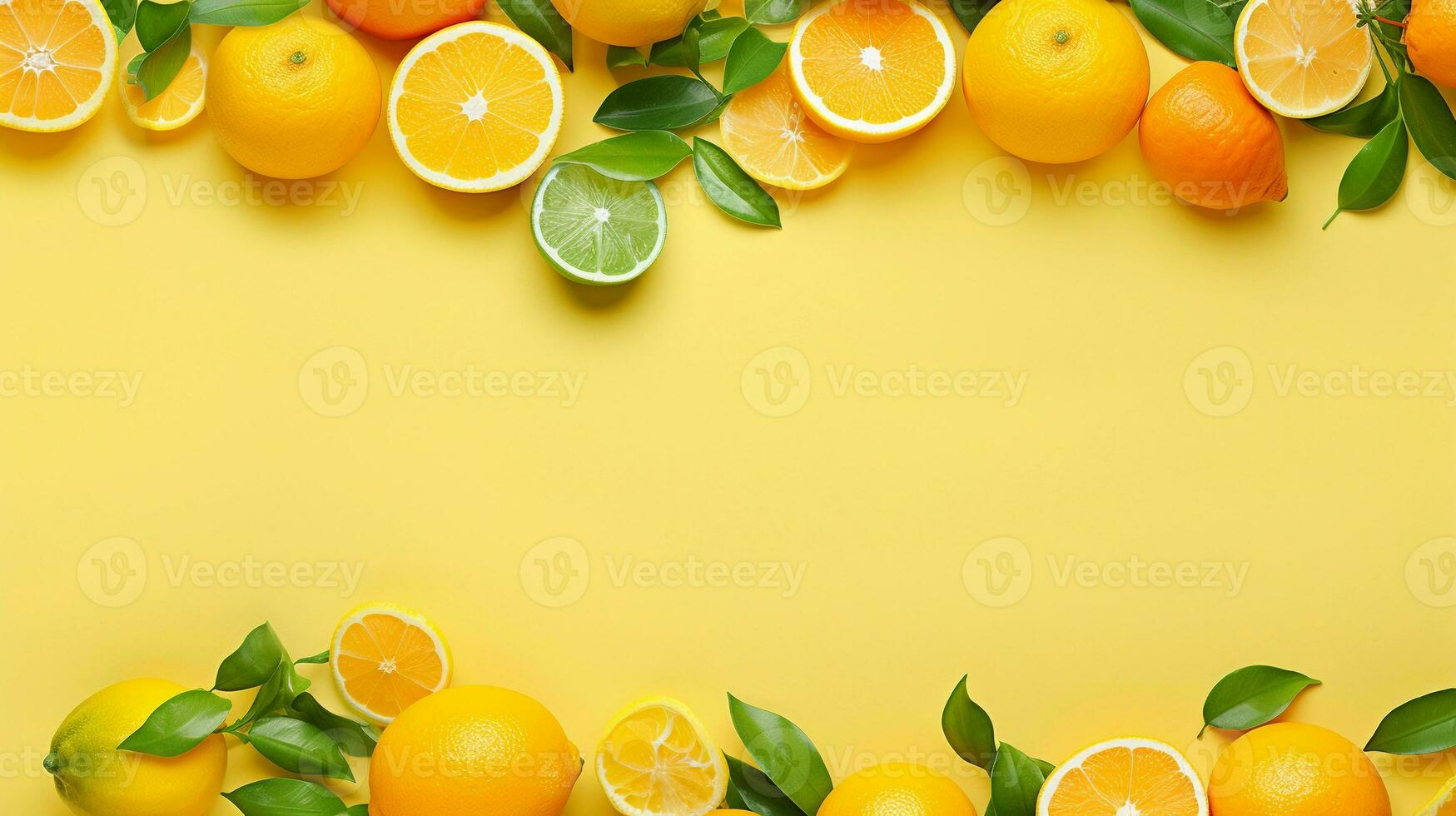 A citrus-themed wallpaper with oranges, lemons, and limes against a sunny yellow textured background, AI generated photo