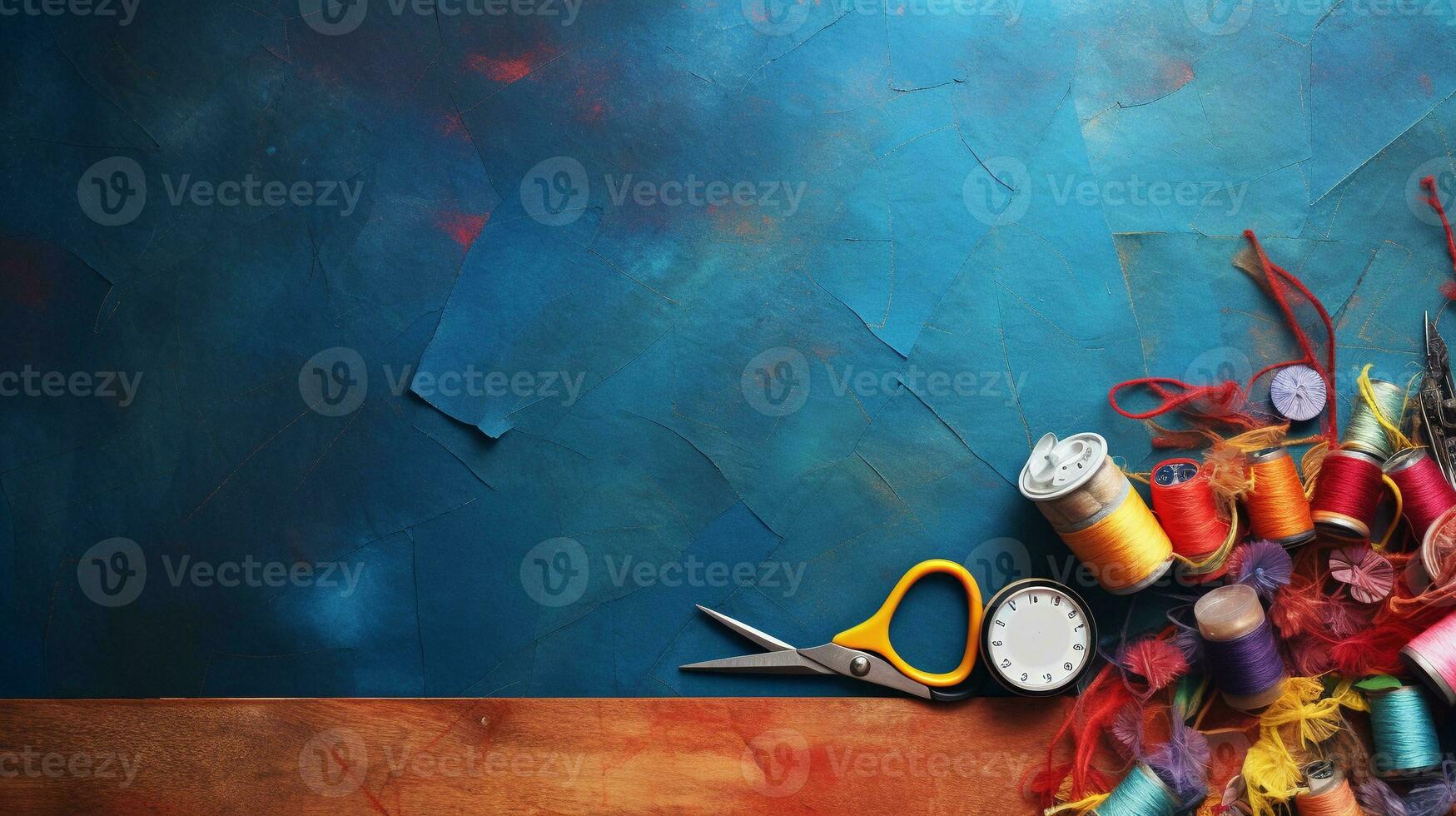 A creative crafting workspace featuring colorful materials, scissors, and a handmade project, set against a textured fabric backdrop, AI generated photo