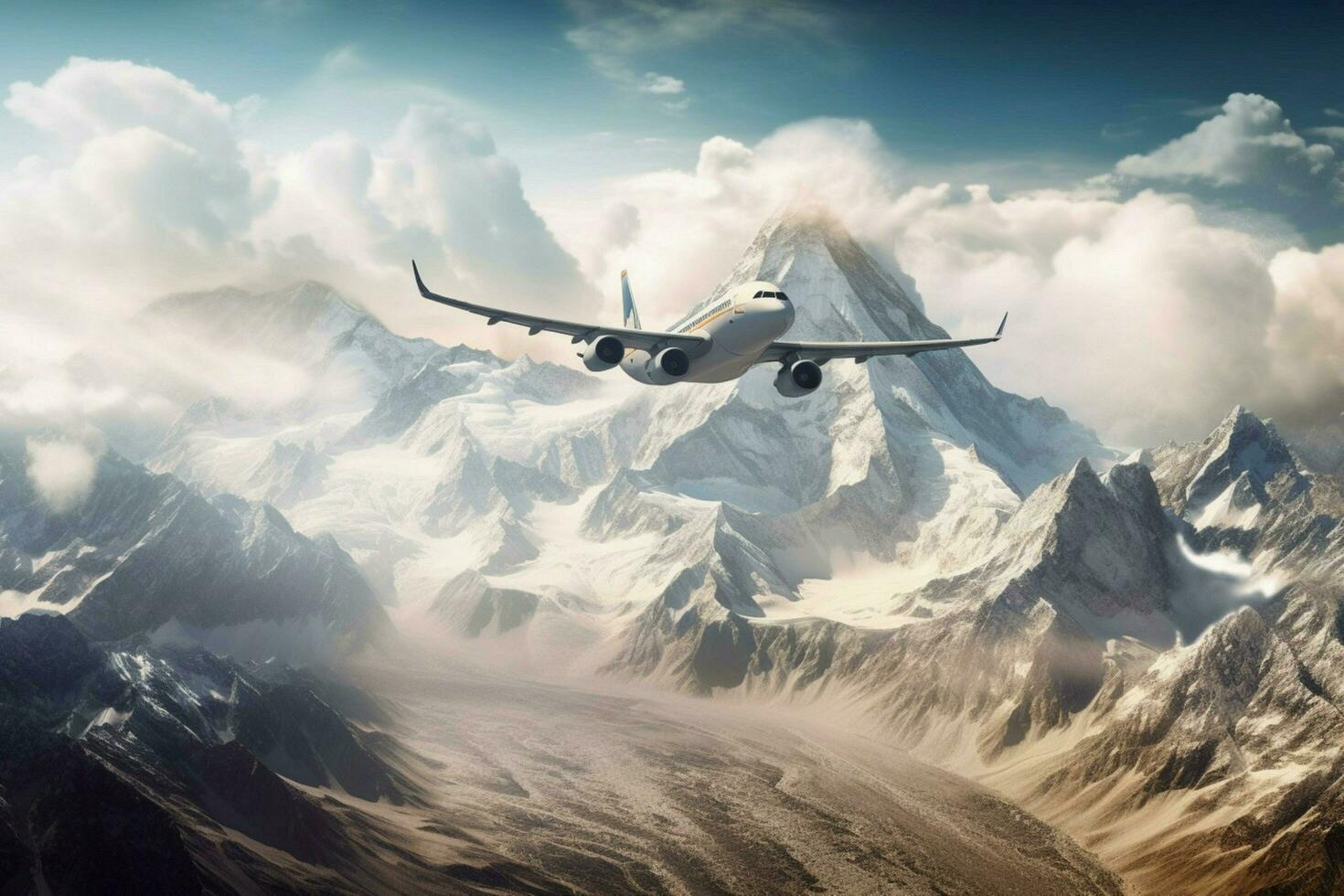 airplane flying over mountain range at high speed photo