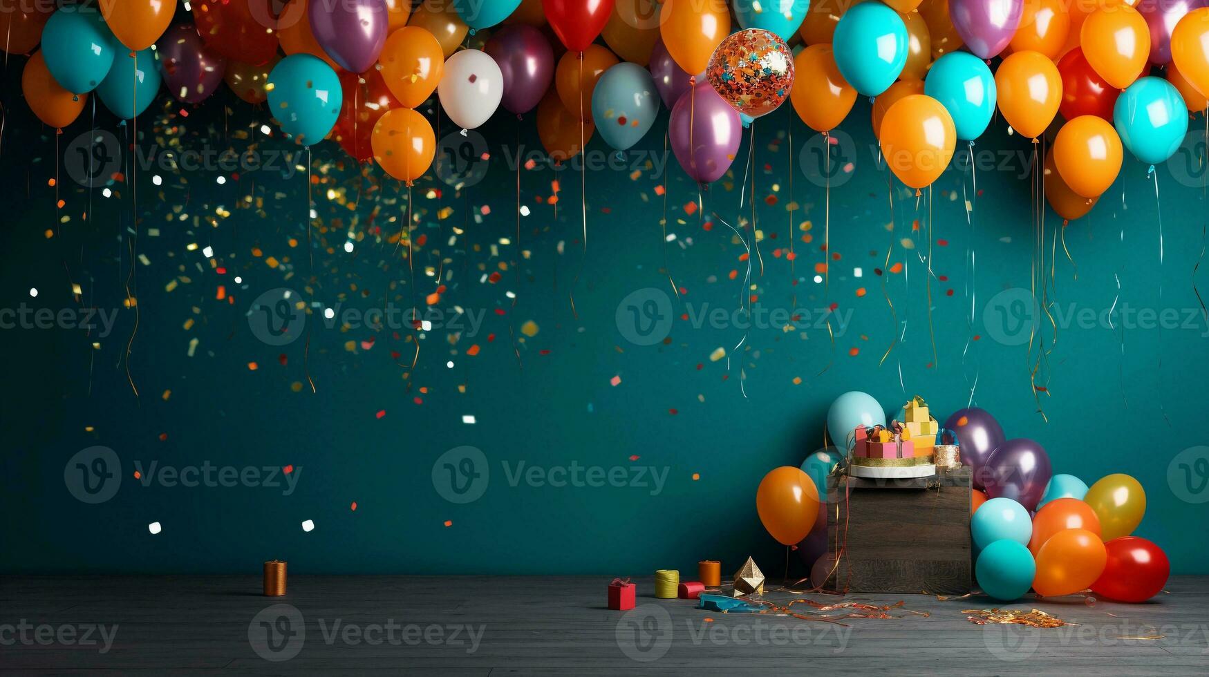 A festive arrangement of vibrant balloons in various shapes and sizes against a textured confetti backdrop. AI generated photo