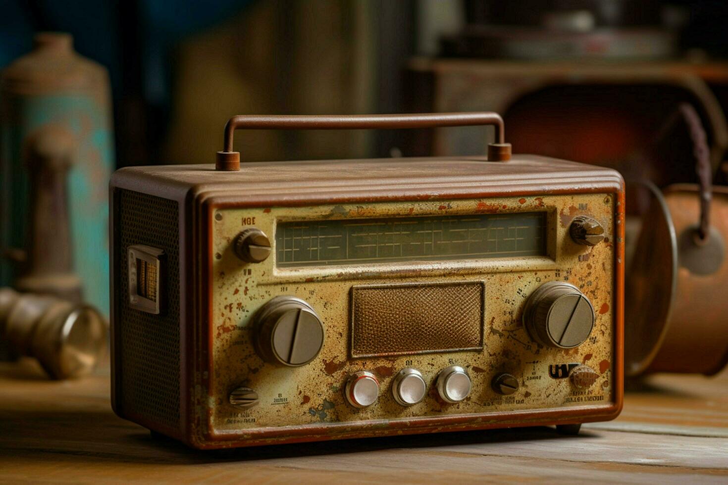 an old fashioned radio with a rusty knob photo