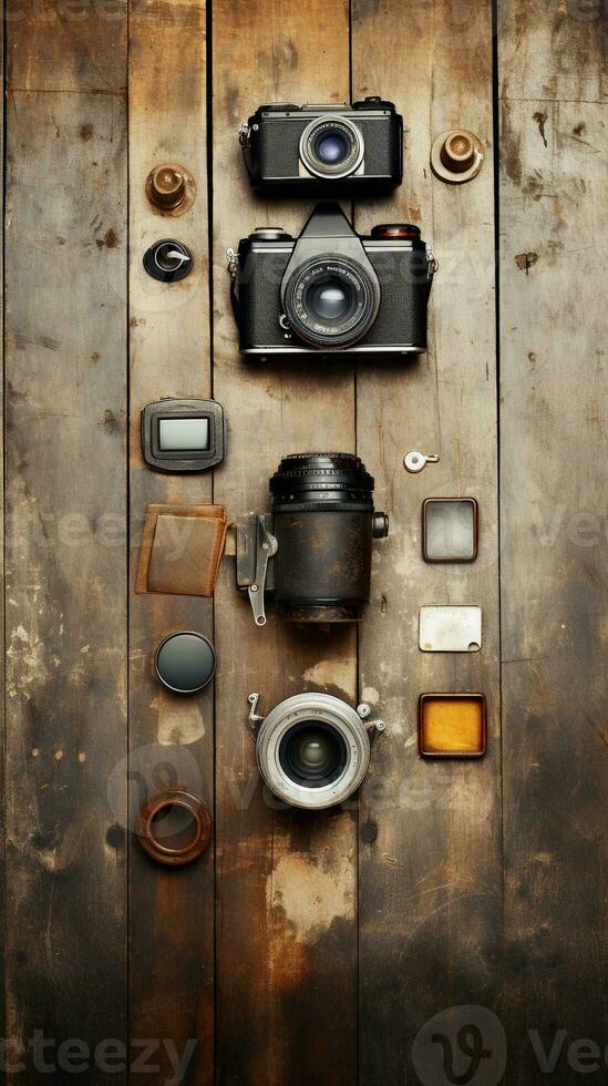 A photographer's workspace with a camera, lenses, and vintage photography  equipment, situated against a weathered wooden background with a patina, AI  generated. 30632620 Stock Photo at Vecteezy