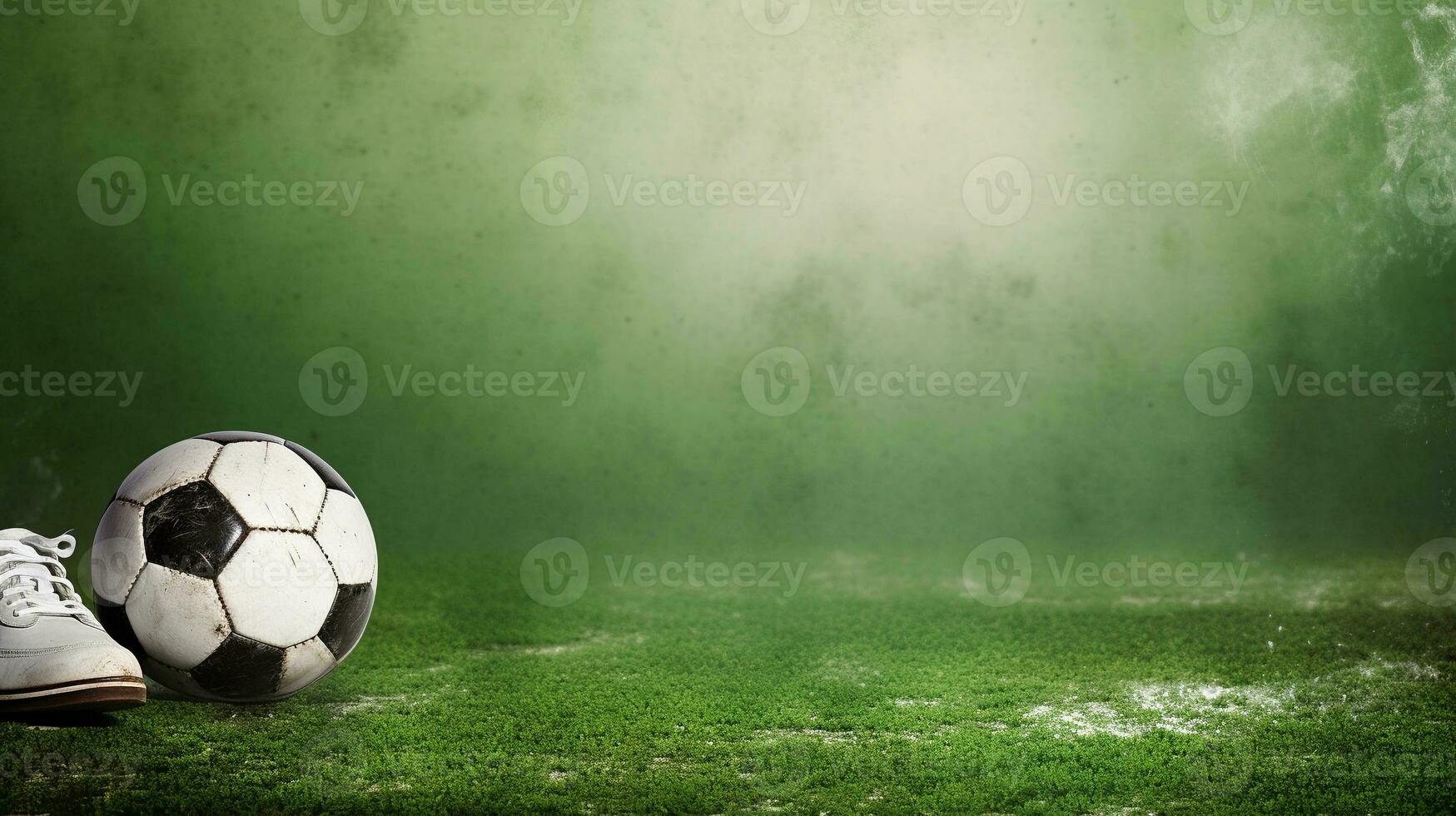 un temática de fútbol fondo de pantalla con un fútbol pelota y tacos en un sutilmente texturizado herboso campo fondo, Proporcionar un elegante y deportivo ajuste para texto colocación. ai generado foto