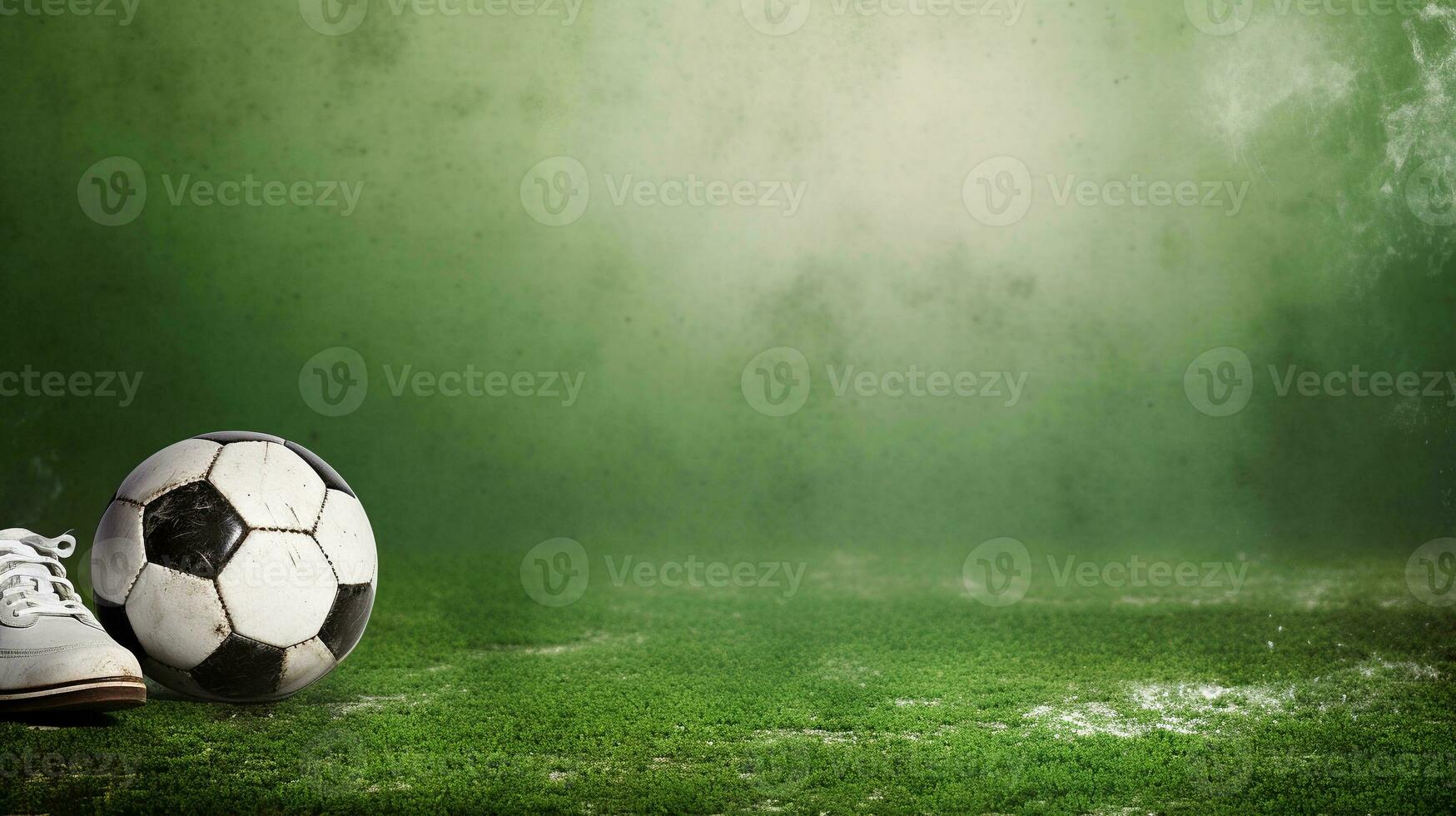 A soccer-themed wallpaper with a soccer ball and cleats on a subtly textured grassy field background, providing an elegant and sporty setting for text placement. AI generated photo