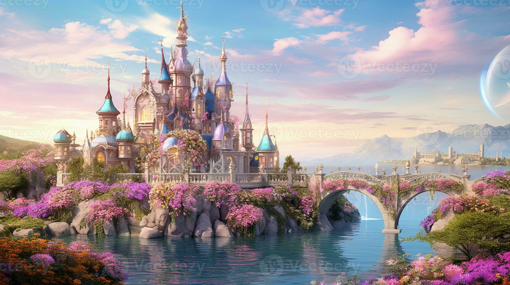 A picturesque scene of a whimsical house with turrets and spires, nestled by the tranquil shores of a magical lake. AI generated photo