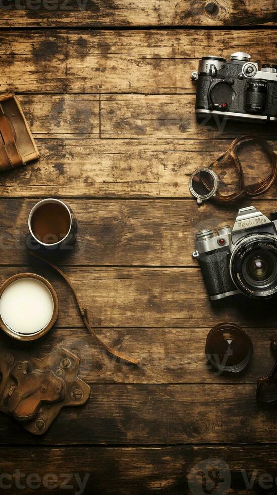 A photographer's workspace with a camera, lenses, and vintage photography equipment, situated against a weathered wooden background with a patina, AI generated. photo