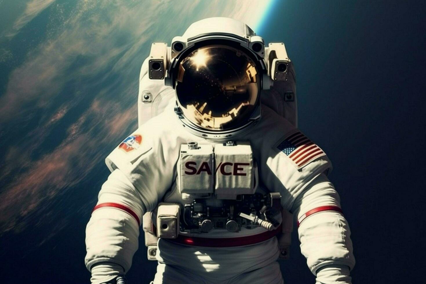 an astronaut in a space suit with a logo that say photo
