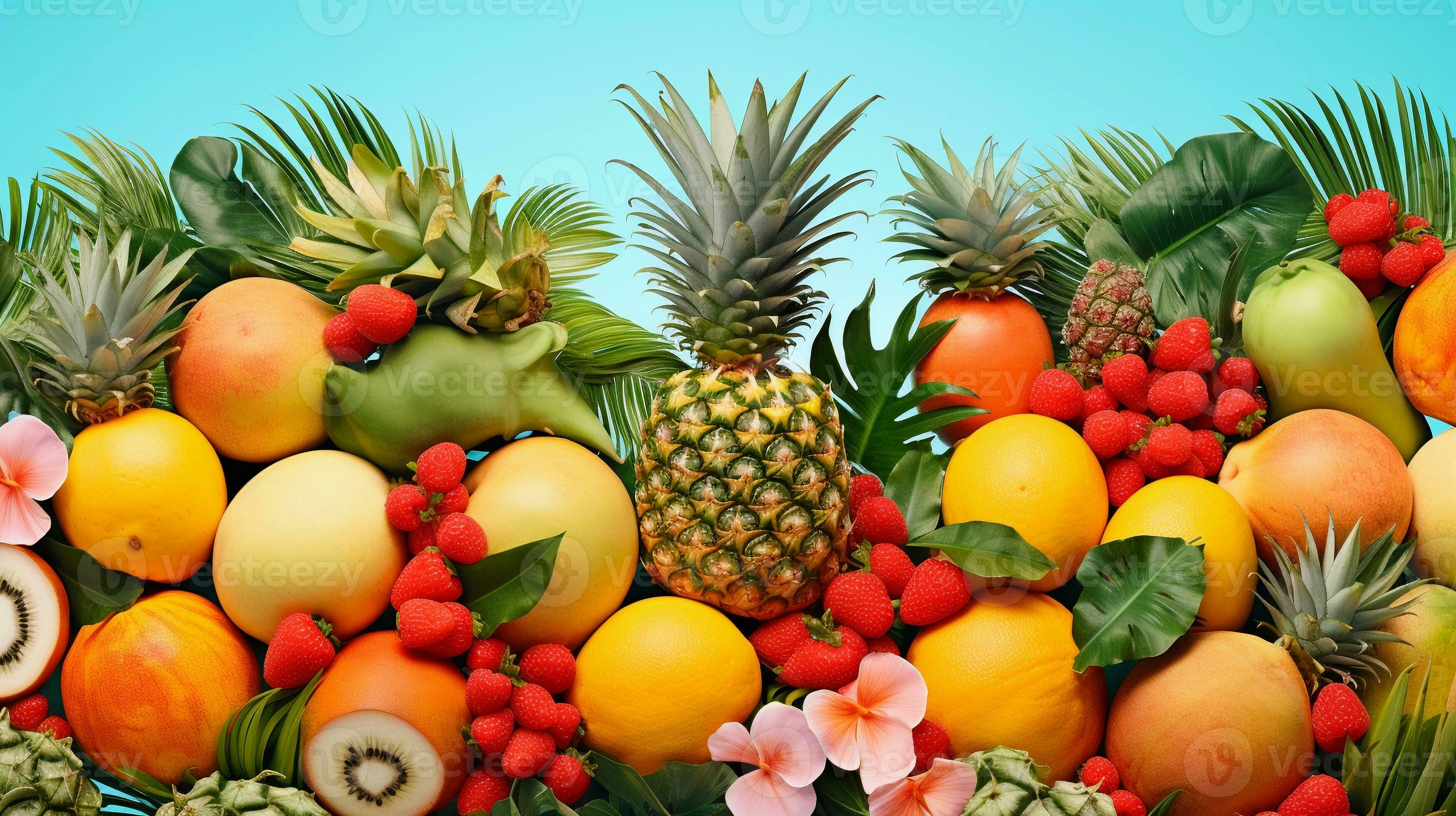 A vibrant wallpaper pattern of tropical fruits like pineapples, mangoes