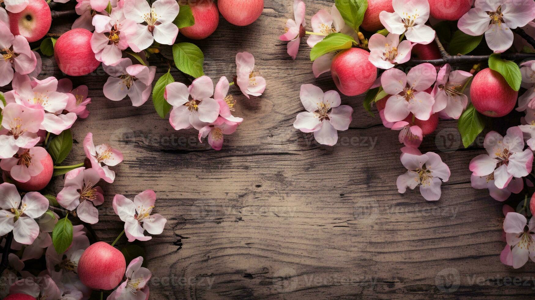 A wallpaper pattern showcasing ripe apples and apple blossoms on a textured wooden plank background, evoking the ambiance of a peaceful orchard and offering space for text. AI generated photo