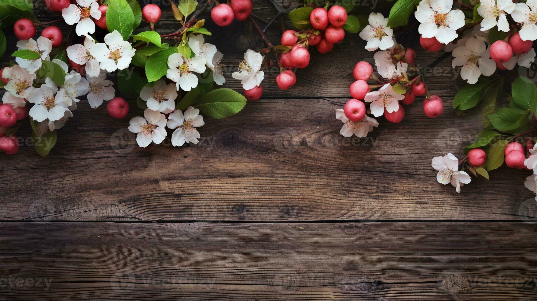 A wallpaper pattern showcasing ripe apples and apple blossoms on a textured wooden plank background, evoking the ambiance of a peaceful orchard and offering space for text. AI generated photo