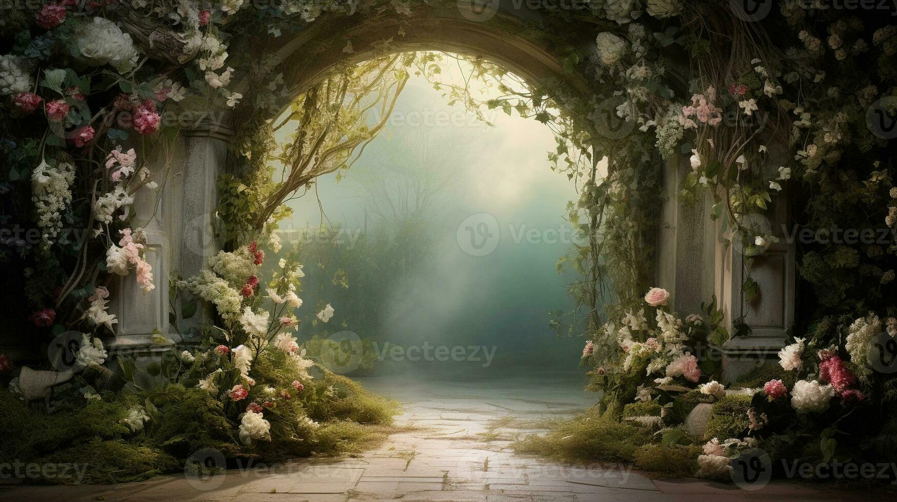 An enchanting garden entrance framed by a textured floral arch, with a whimsical path leading to the unknown. AI generated photo