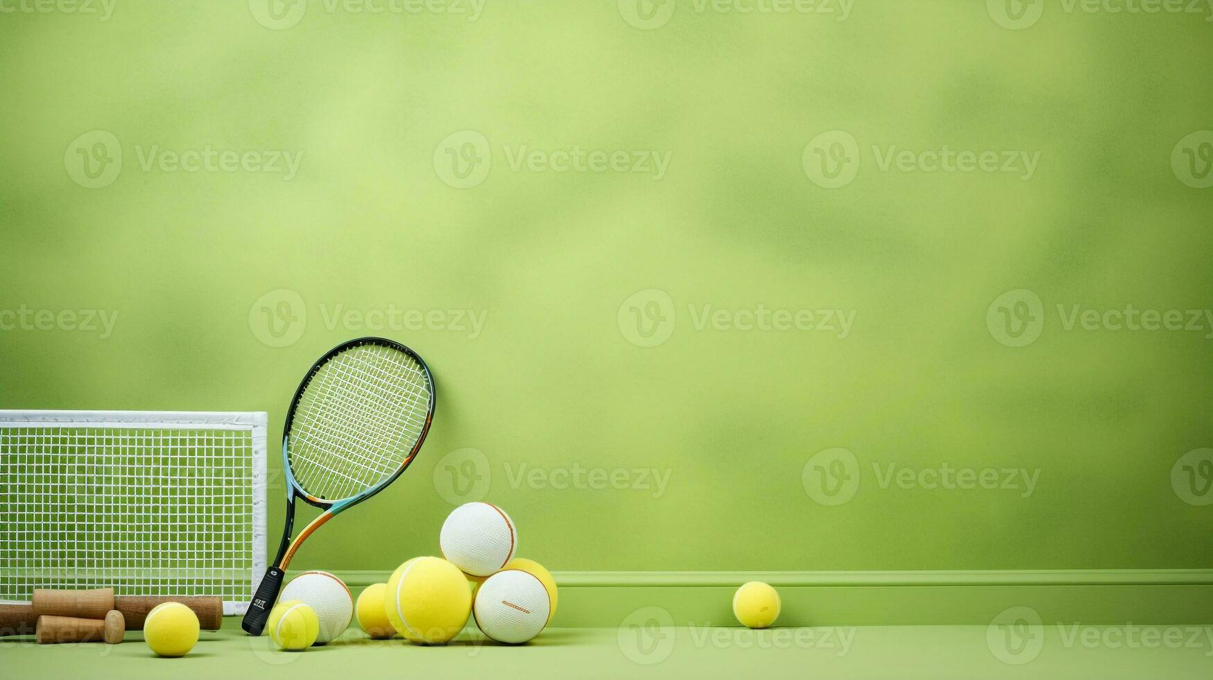 A tennis-themed wallpaper featuring tennis rackets and balls on a light green textured court background, offering a sophisticated and sporty scene. AI generated photo