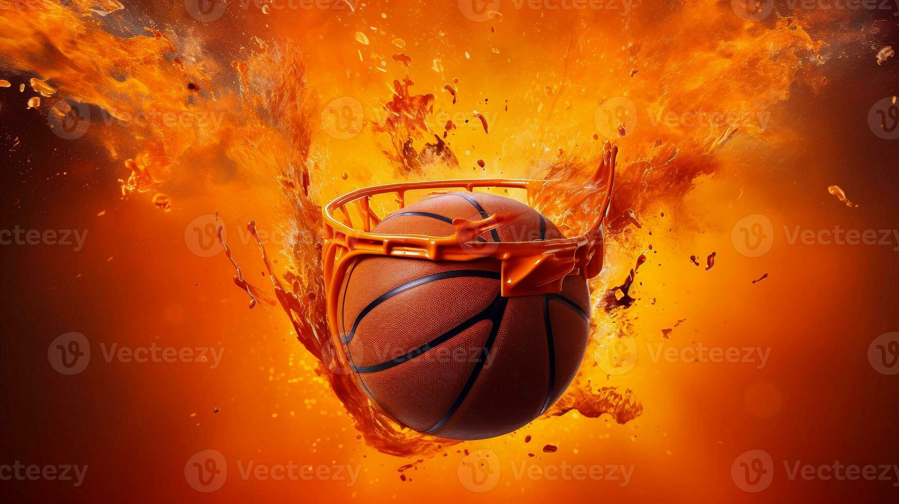 A basketball-inspired wallpaper with a basketball and hoop against a vibrant orange textured background. AI generated photo