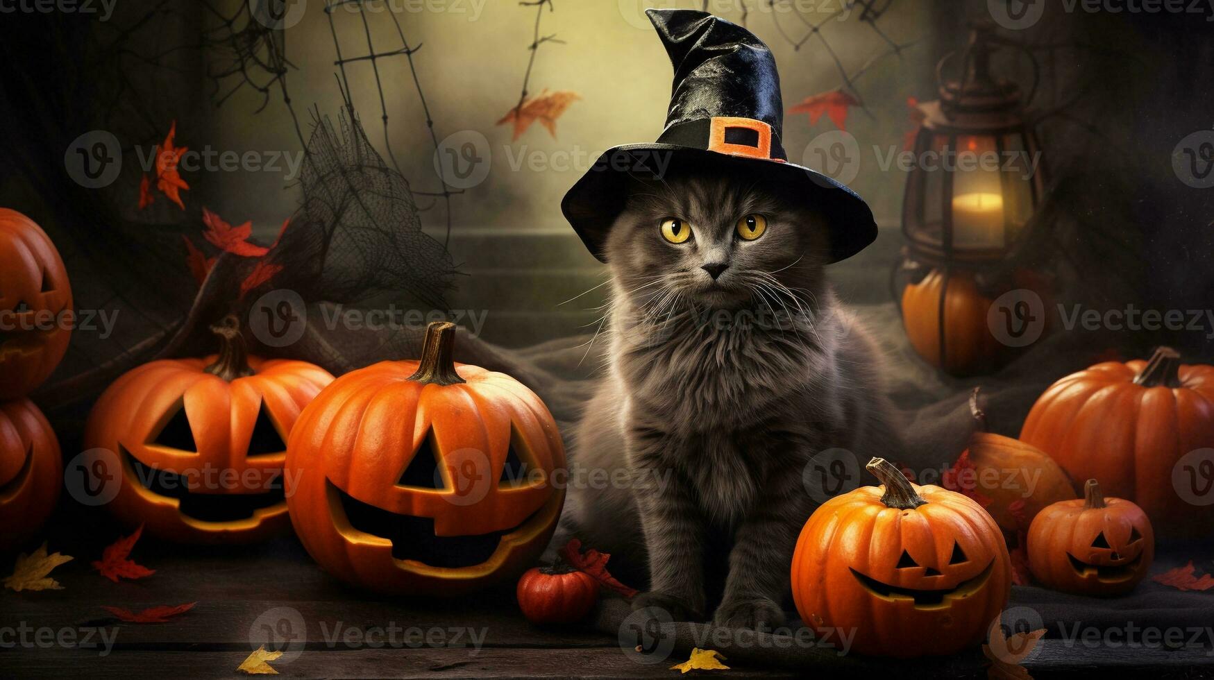 A comical Halloween cat dressed as a witch with a pointy hat, surrounded by textured orange and black pumpkins. AI generated photo