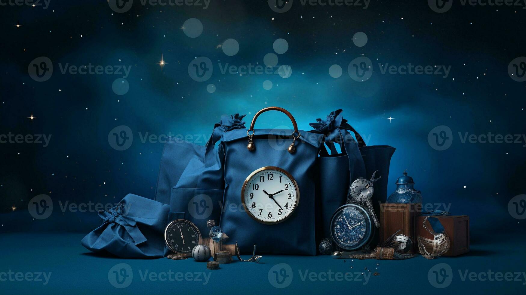 A captivating Black Friday design with a clock striking midnight, surrounded by shopping bags, all set against a textured deep blue backdrop. AI generated photo