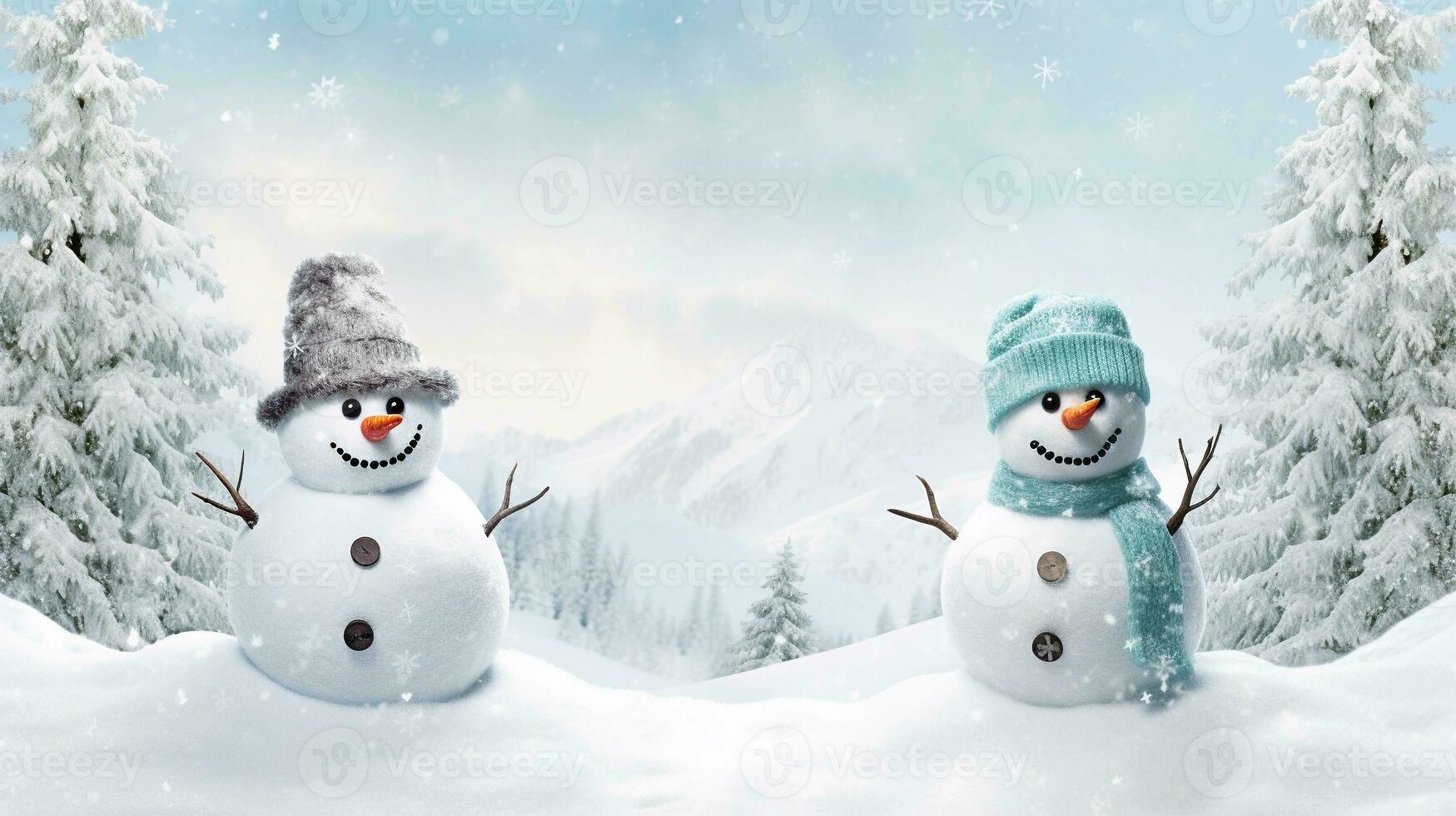A charming winter scene with two amusing snowmen in quirky poses, positioned against a textured snow-covered hill. AI generated photo