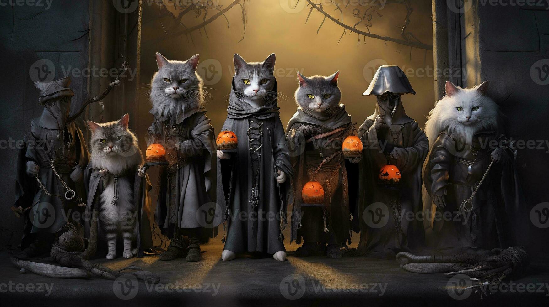 A group of hilarious Halloween cats dressed in various costumes like pumpkins, ghosts, and mummies, placed against a textured, haunted house backdrop. AI generated photo